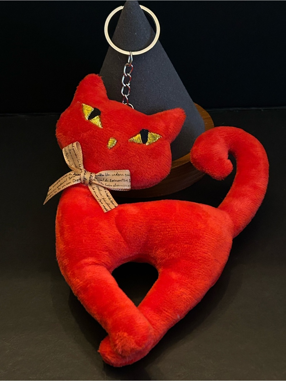 Plush Cat 🐈‍⬛ Bag Charm Keychain Card Holder with Yellow Eyes and Orange Bow